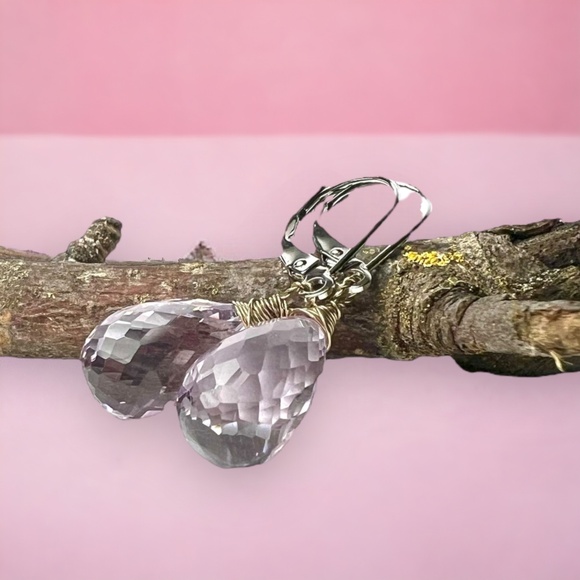 Handcrafted Natural Rose de France Amethyst Earrings 14K White Gold, NEW - Picture 3 of 9